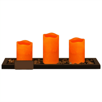 Set of 3 Led Candle + Rectangle Wooden Tray & Rocks