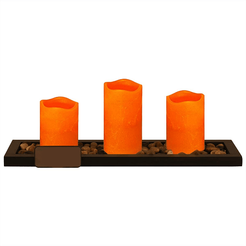 Set of 3 Led Candle + Rectangle Wooden Tray & Rocks